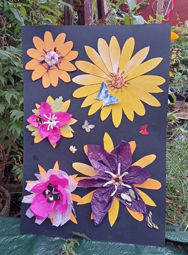 Christine P, floral fantasia, collage, recycled paper & card.